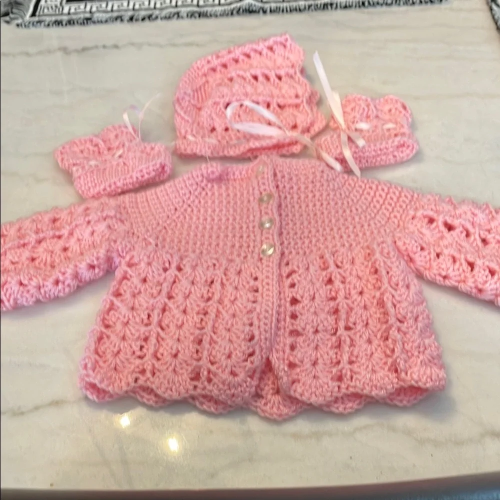 Handmade Pink Crochet Baby Sweater Set - Picture 1 of 1